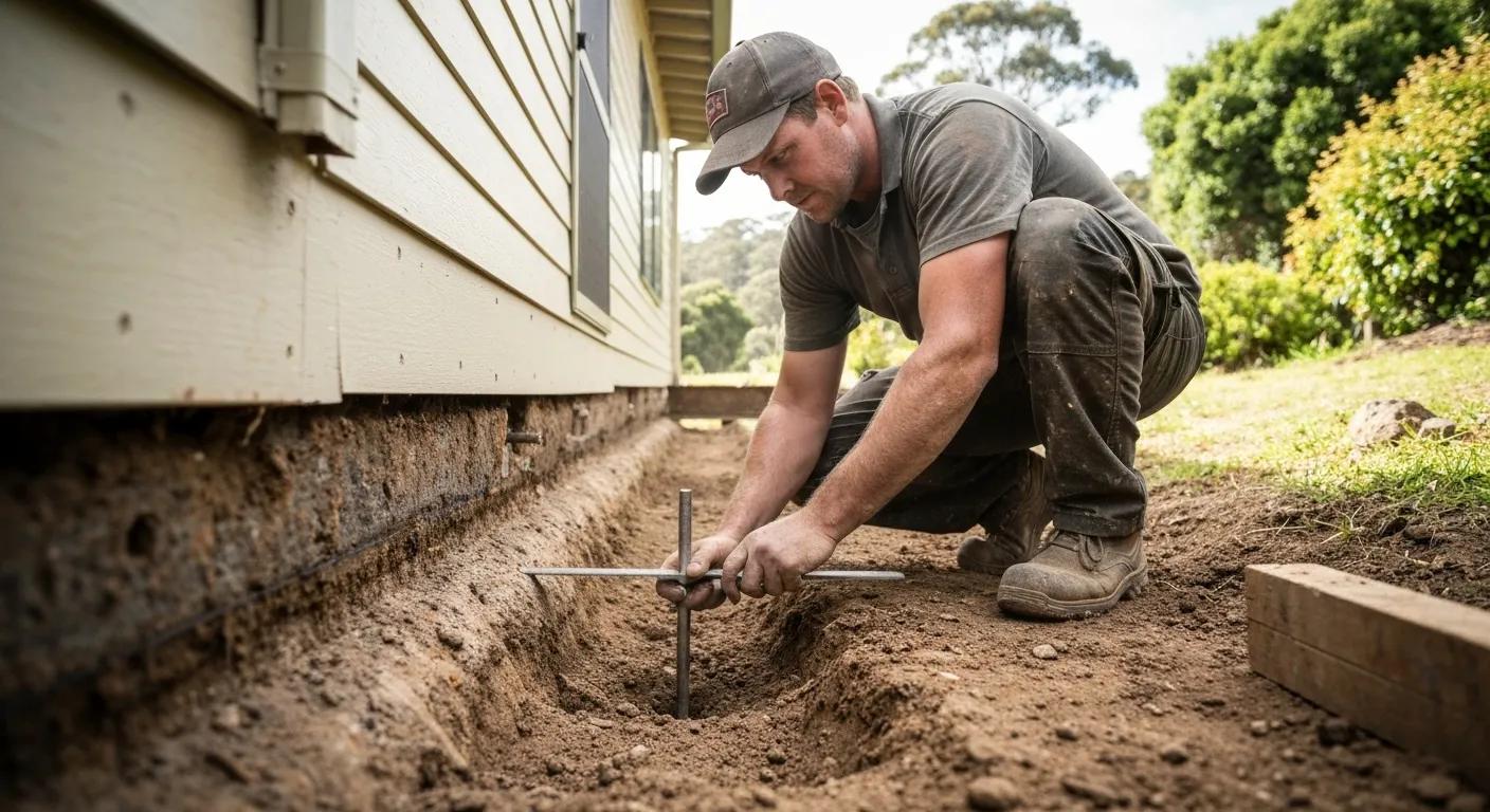 Skilled builder examining a property's foundation for underpinning work in Tasmania