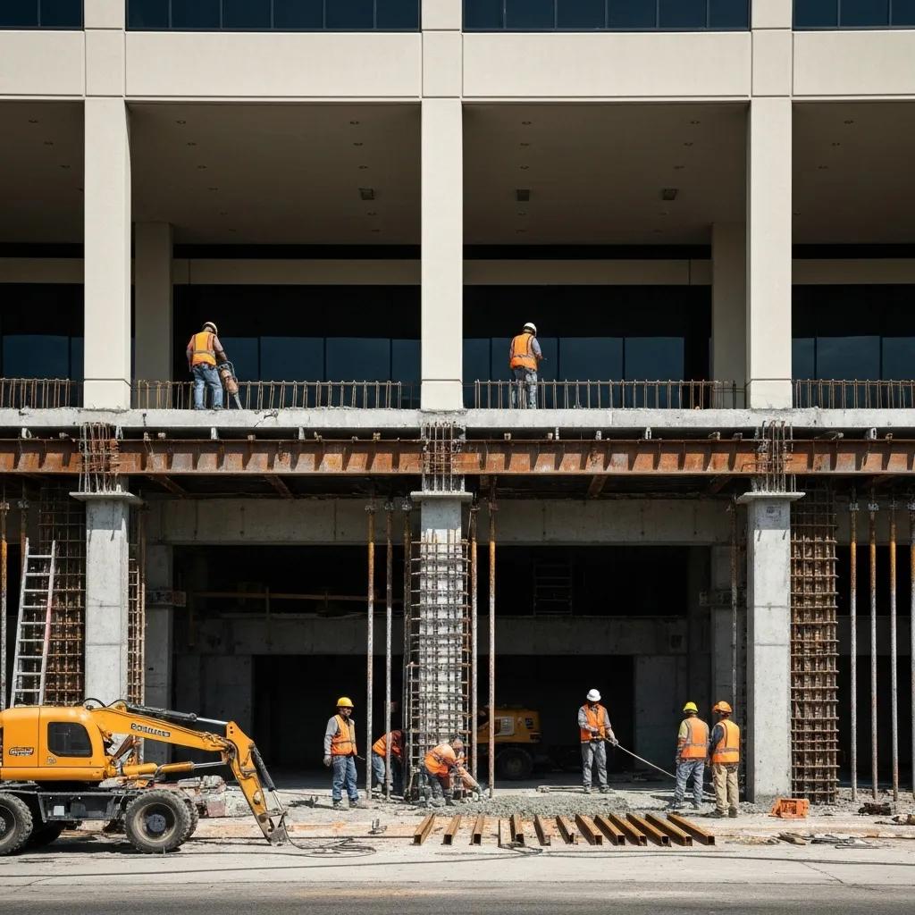 Construction workers performing foundation repair on a commercial building