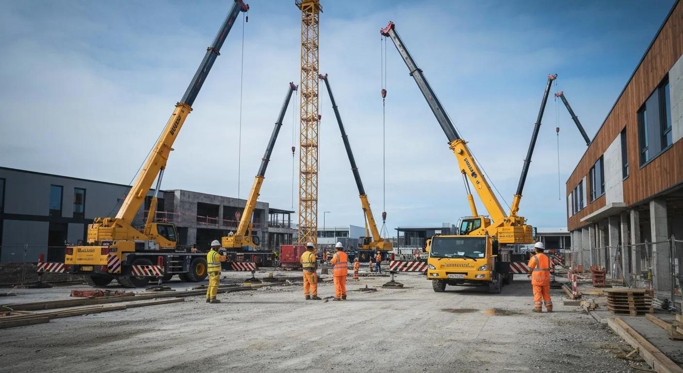 Modern commercial construction site in Ulverstone with workers and cranes