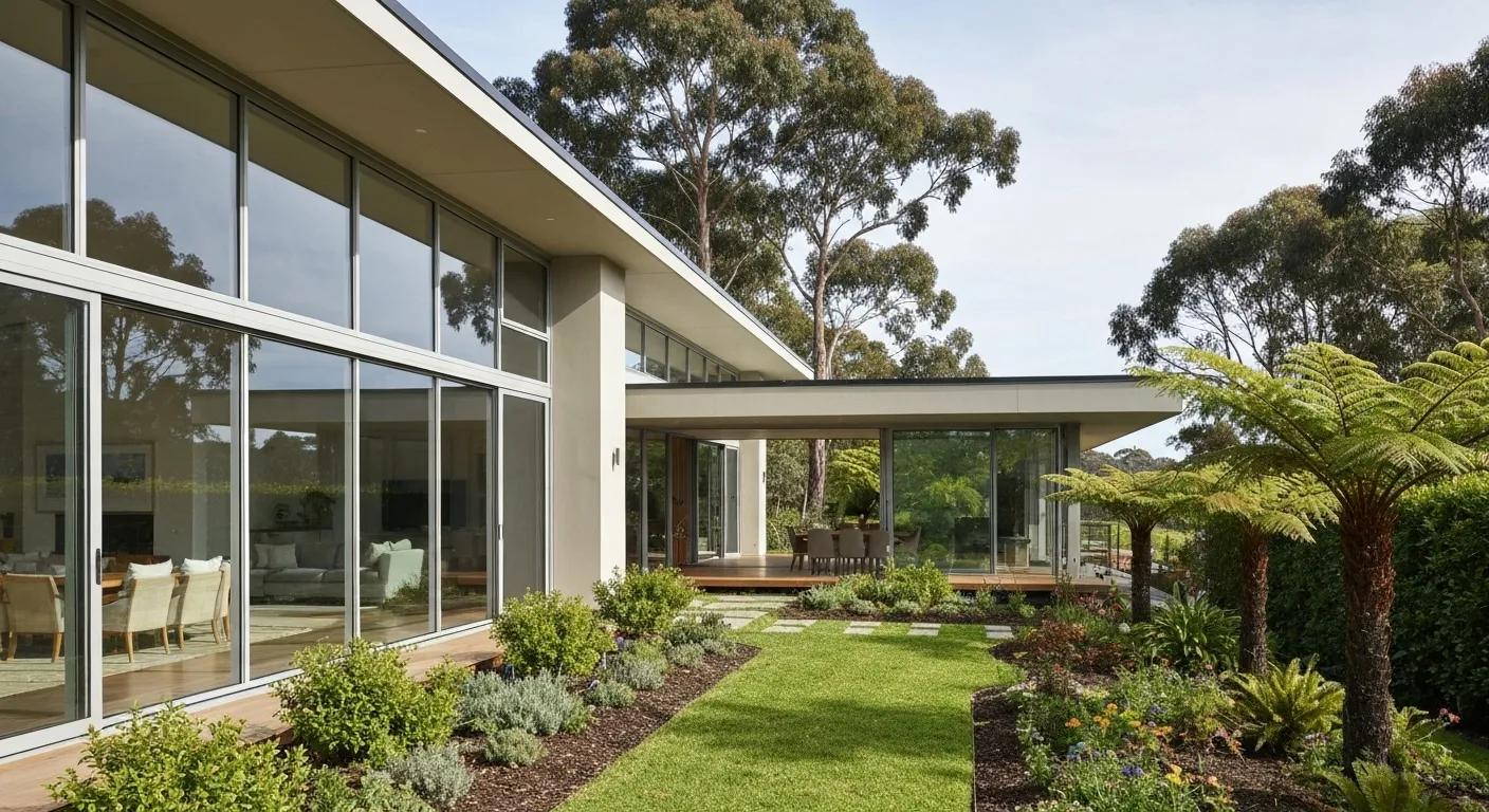 Modern custom home in Tasmania with large windows and landscaped garden