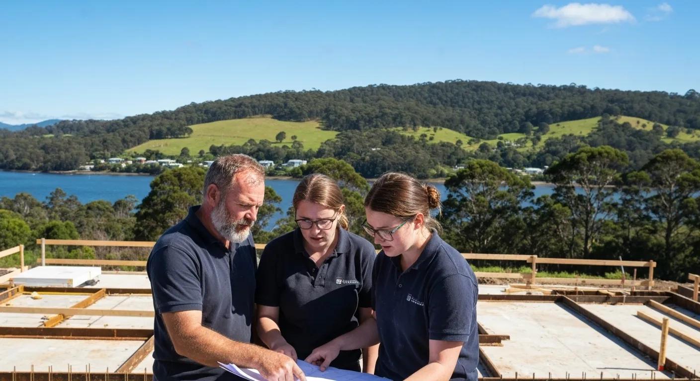 Builders discussing plans at a construction site in Burnie with local landscape in the background