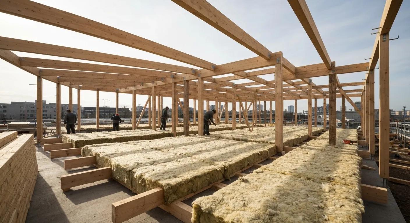 Eco-friendly building materials including recycled timber and sheep-wool insulation on a construction site