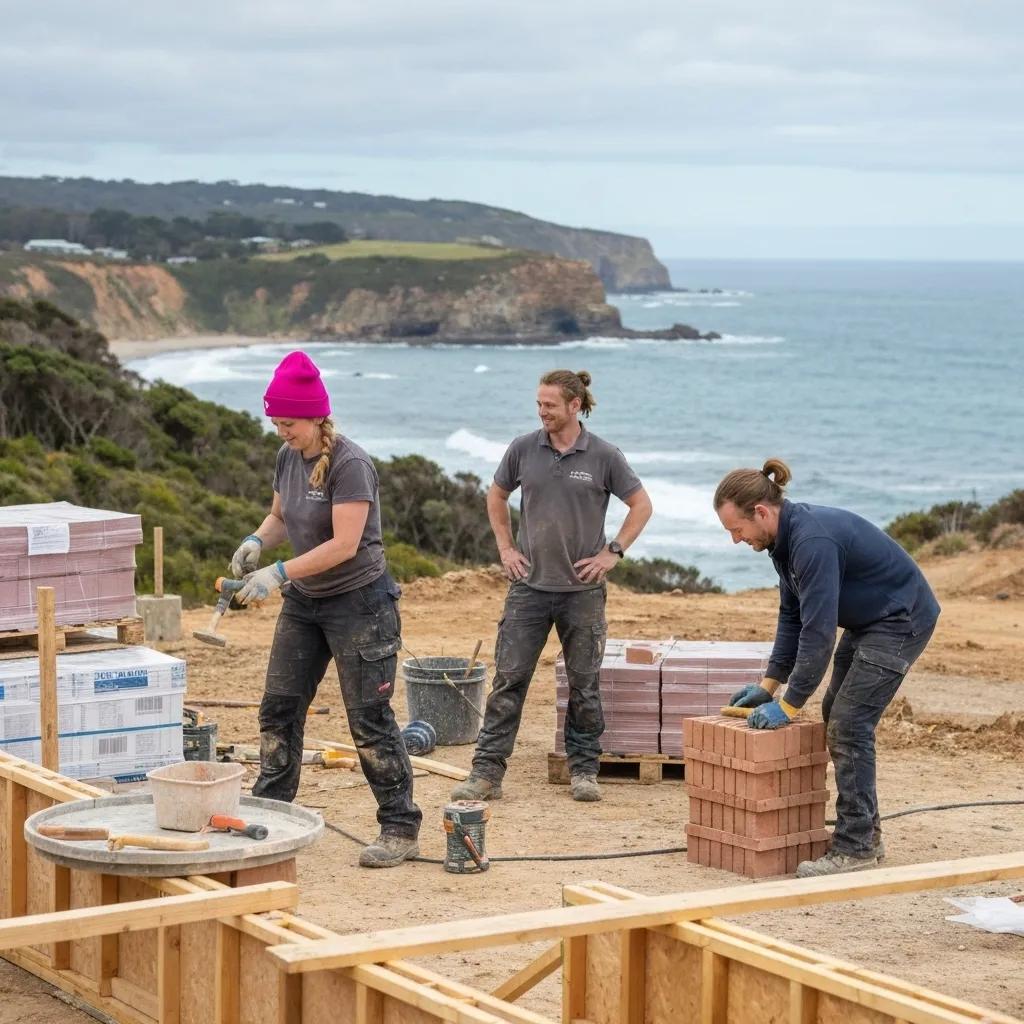 Construction team working on a new home build in Ulverstone, showcasing craftsmanship and local context