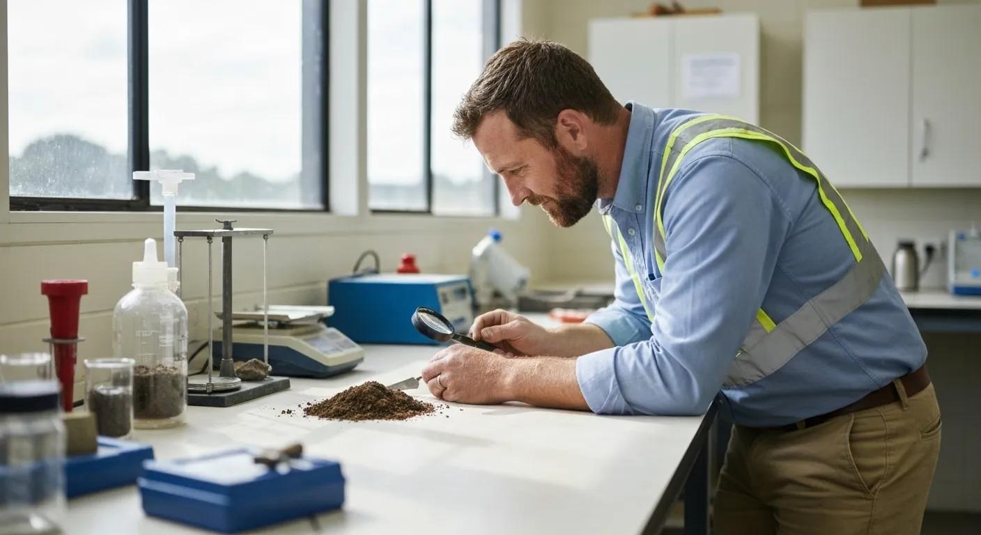 Local specialist examining soil samples for underpinning services in Tasmania