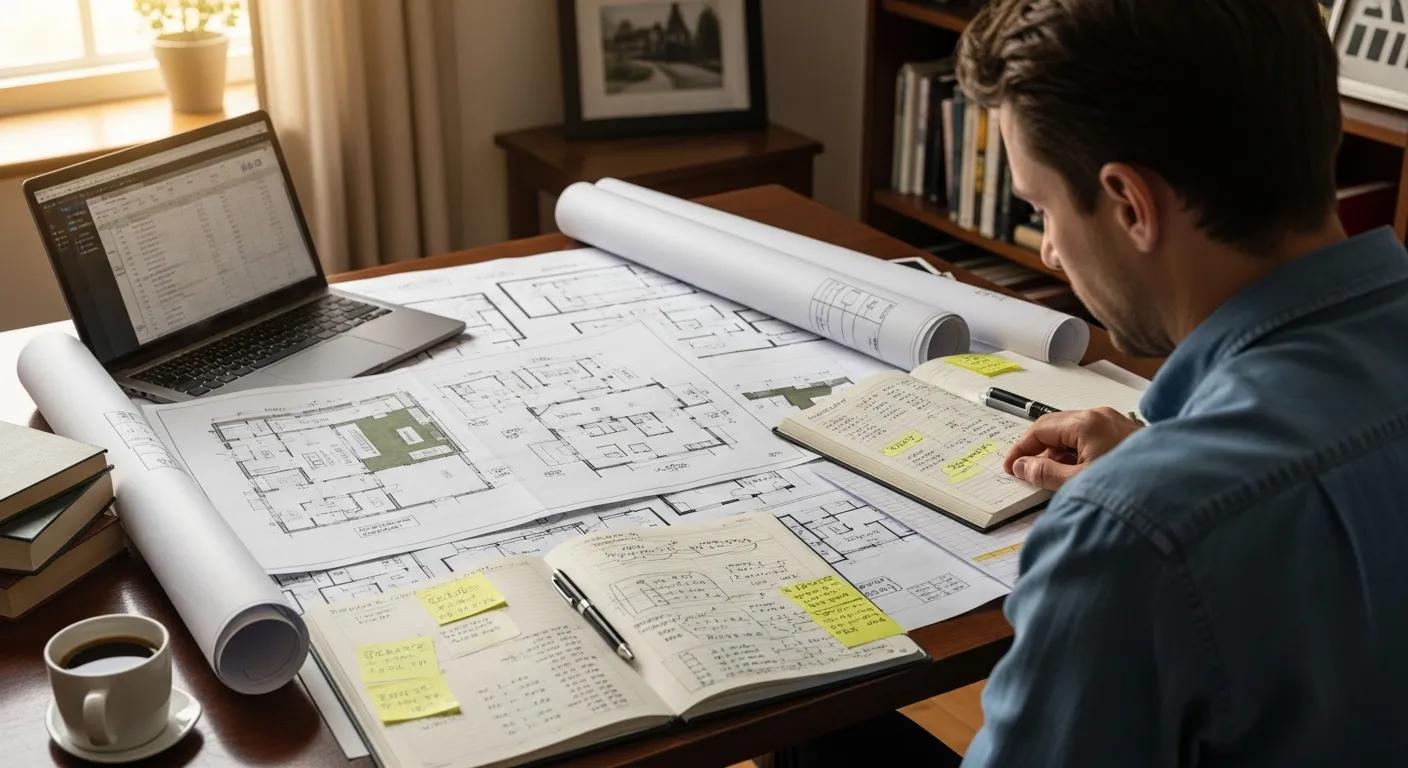 Person studying house plans and budget notes at a desk