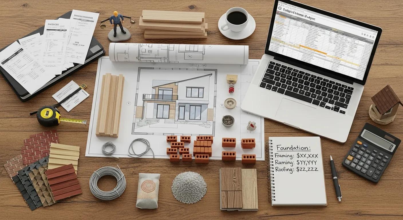 Budget planning for a new home build showing construction materials and budgeting tools
