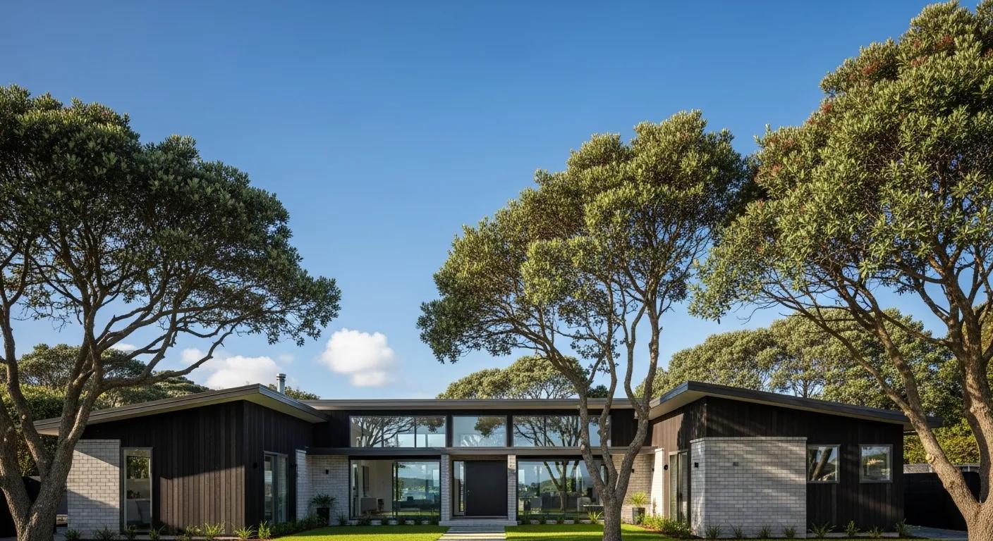 Newly built home in Devonport framed by trees under a clear blue sky