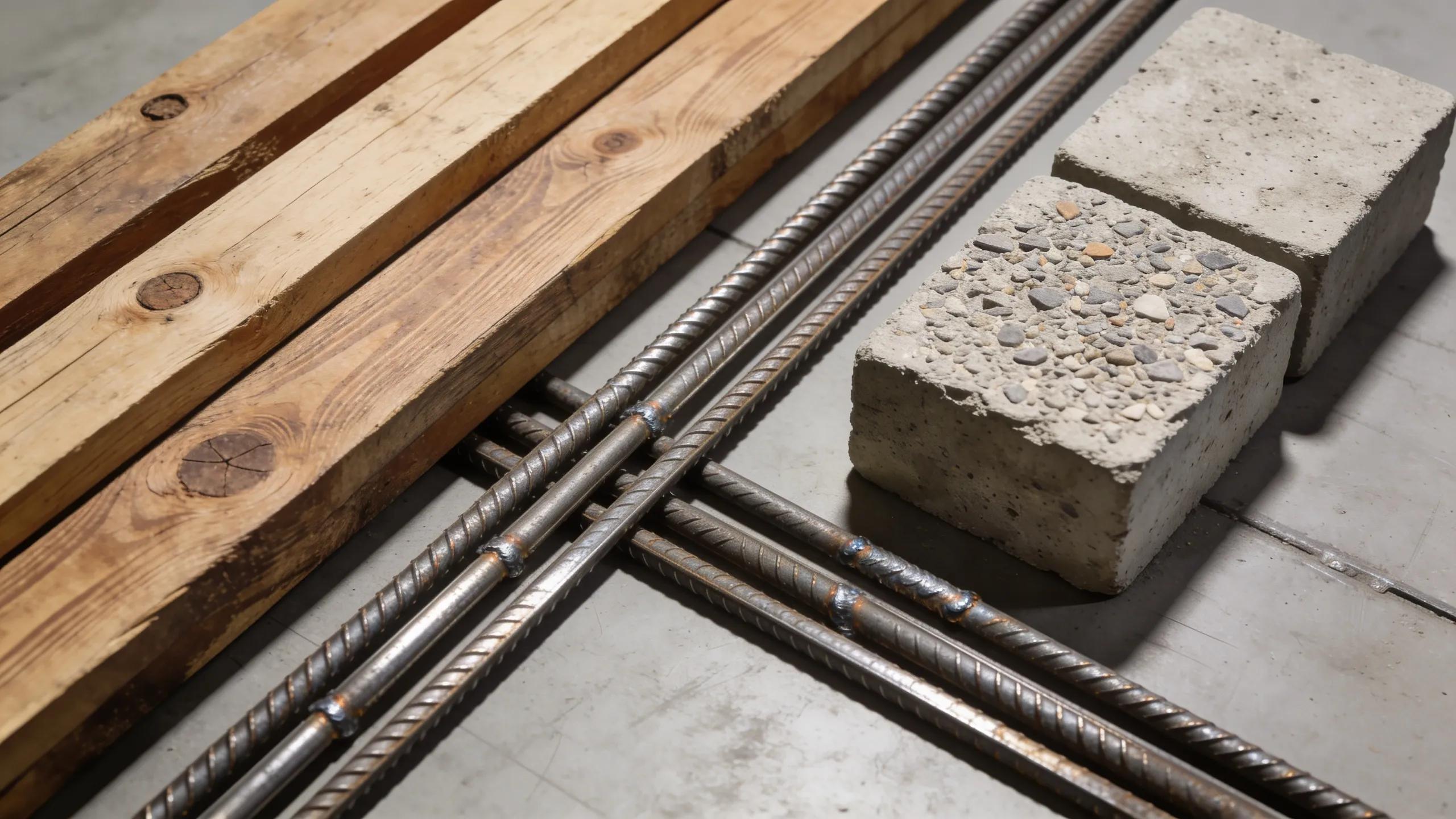 Detailed view of diverse construction materials including timber, concrete, and metal, representing main costs in Devonport home renovations