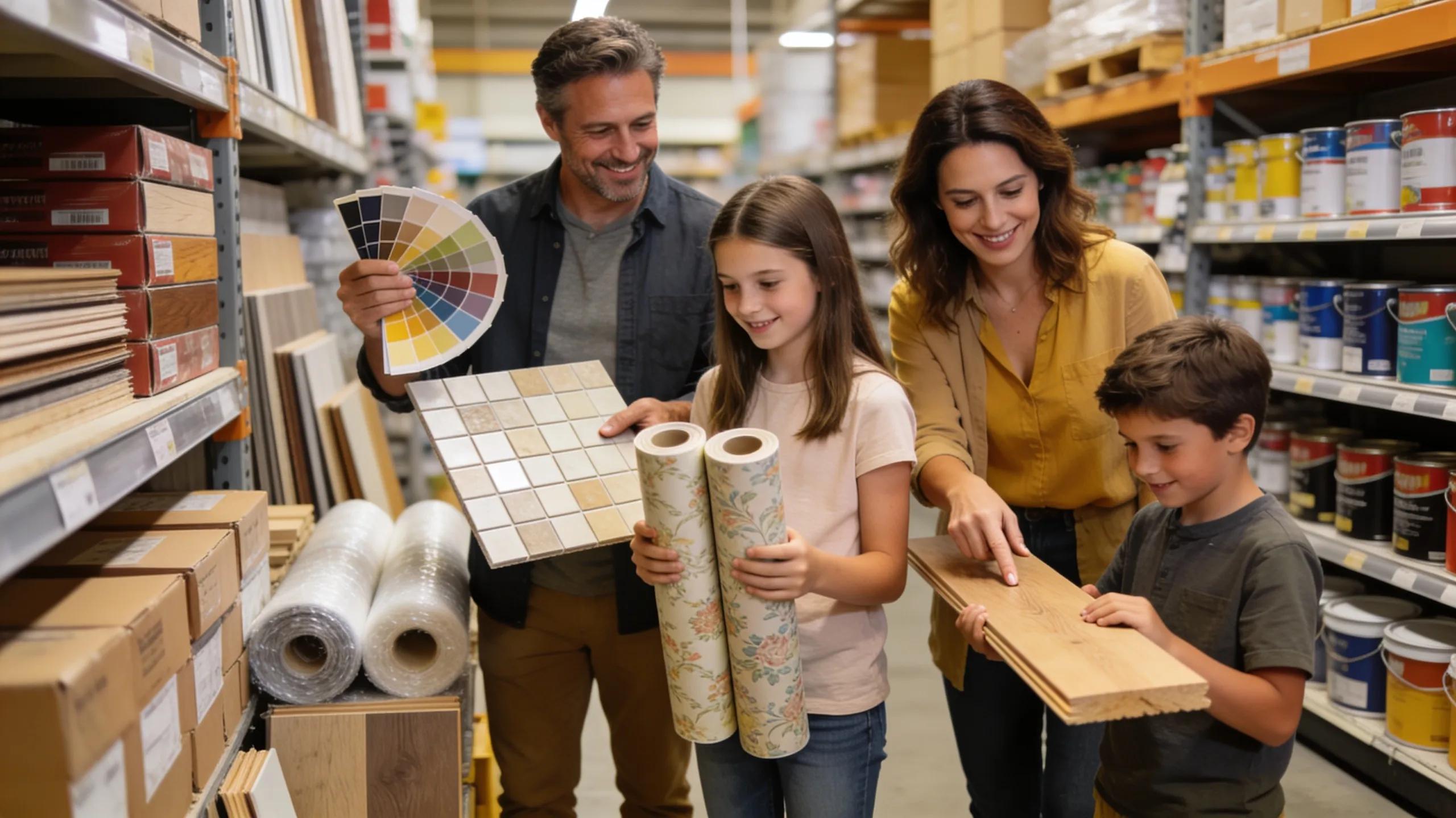 Family selecting renovation materials in a Devonport home improvement store, showcasing collaboration and excitement for their project